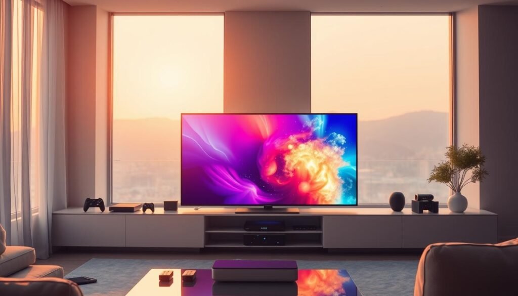 A serene and modern living room setting, bathed in warm, diffused lighting. In the foreground, a sleek, high-end television displays a vibrant, crystal-clear image, representing the premium video quality of the IPTV service. Surrounding the TV, various smart home devices and controllers suggest the seamless integration and advanced features of the service. In the middle ground, a minimalist entertainment center houses a state-of-the-art media player, hinting at the wide content library and cutting-edge technology. The background showcases a large panoramic window, allowing natural light to flow in and create a sense of openness and sophistication, alluding to the elevated viewing experience.