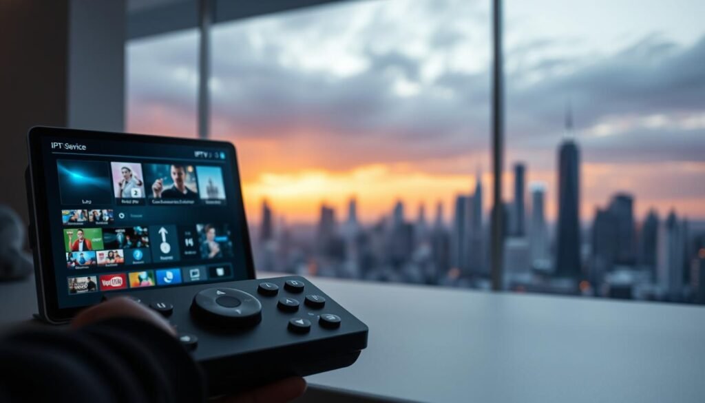 A sleek, futuristic control panel displaying various IPTV service features. In the foreground, an intuitive user interface showcases live TV channels, on-demand content, and personalized recommendations. The middle ground depicts a network diagram illustrating the seamless integration of internet infrastructure, content providers, and end-user devices. In the background, a cityscape skyline symbolizes the global reach and accessibility of IPTV technology. Soft, indirect lighting creates a sense of sophistication, while dynamic camera angles convey the transformative power of this innovative viewing experience.
